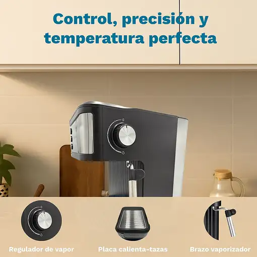 Cafetera Espresso negra e inox, 20 bar, 850W, CAFPRESSO-20AROMA GRUNKEL