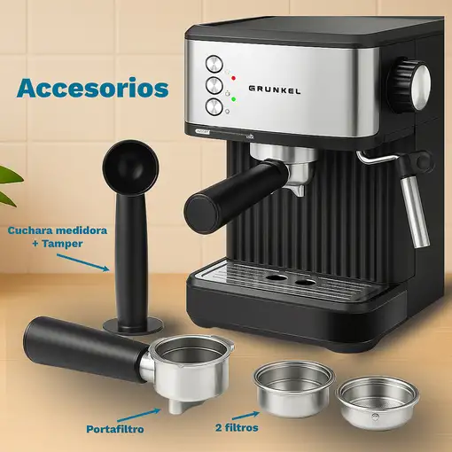 Cafetera Espresso negra e inox, 20 bar, 850W, CAFPRESSO-20AROMA GRUNKEL