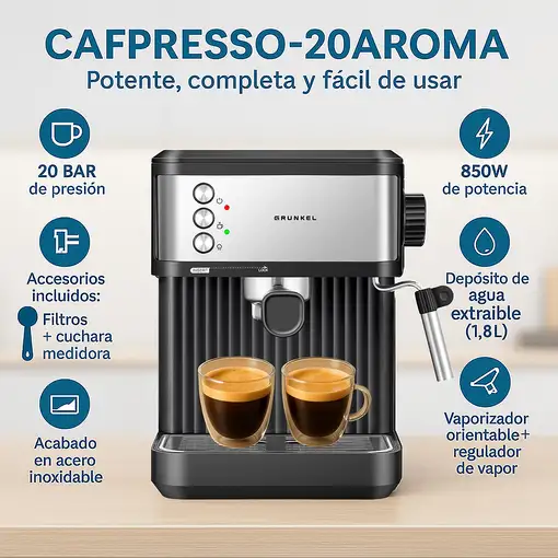 Cafetera Espresso negra e inox, 20 bar, 850W, CAFPRESSO-20AROMA GRUNKEL