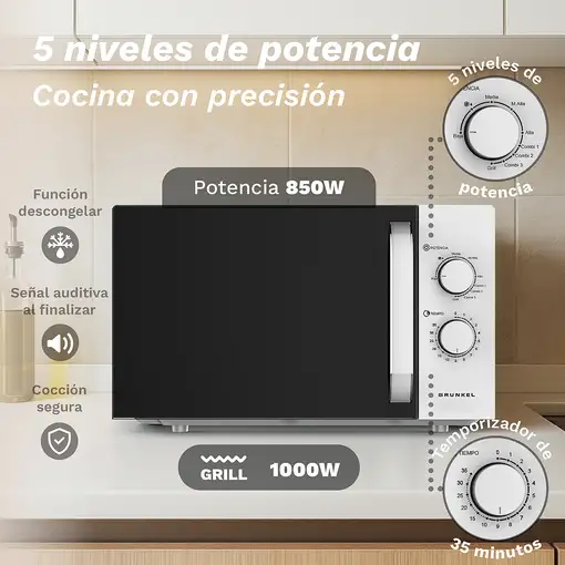 Microondas con grill blanco, 25L, 1000 W, MWG-25GRILL GRUNKEL