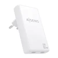 AISENS Cargador De Pared GaN Ultra Delgado 65W, 2xUSB-C PD3.0 QC4.0, Blanco