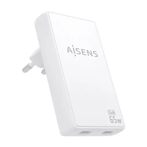 AISENS Cargador De Pared GaN Ultra Delgado 65W, 2xUSB-C PD3.0 QC4.0, Blanco