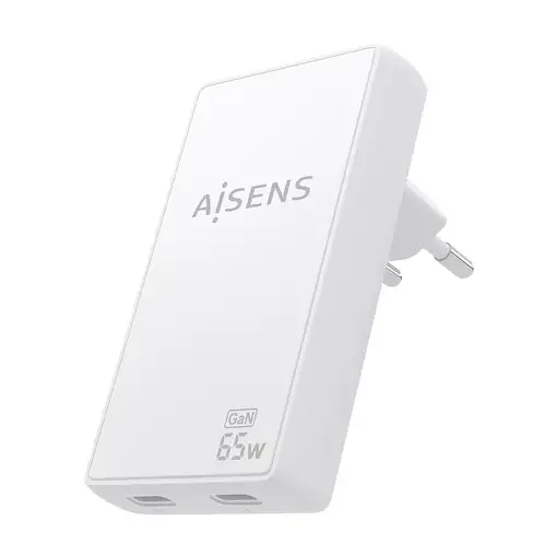 AISENS Cargador De Pared GaN Ultra Delgado 65W, 2xUSB-C PD3.0 QC4.0, Blanco