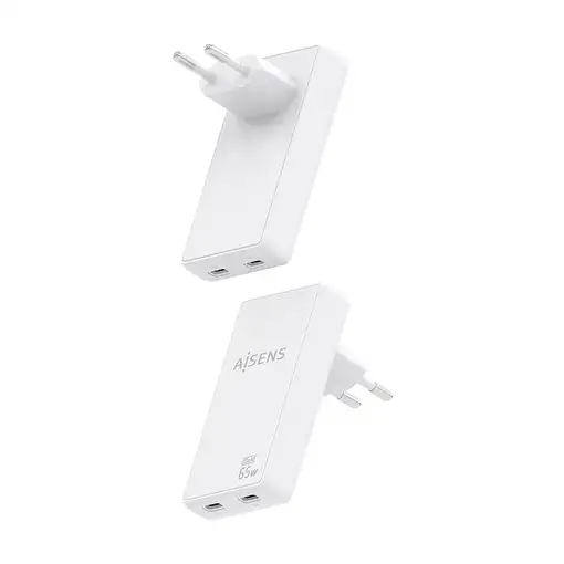 AISENS Cargador De Pared GaN Ultra Delgado 65W, 2xUSB-C PD3.0 QC4.0, Blanco