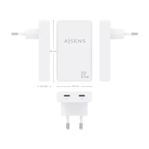 AISENS Cargador De Pared GaN Ultra Delgado 65W, 2xUSB-C PD3.0 QC4.0, Blanco
