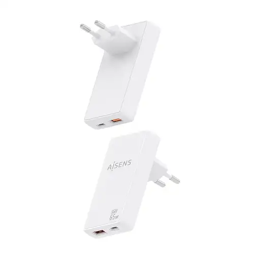 AISENS Cargador De Pared GaN Ultra Delgado 65W, 1xUSB-C PD3.0 QC4.0, 1xUSB-A QC3.0