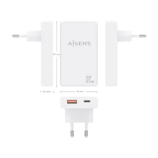 AISENS Cargador De Pared GaN Ultra Delgado 65W, 1xUSB-C PD3.0 QC4.0, 1xUSB-A QC3.0