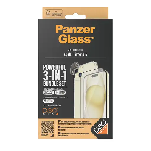 PanzerGlass ® 3-in-1 Bundle iPhone 15 Protector de pantalla Apple 1 pieza(s)