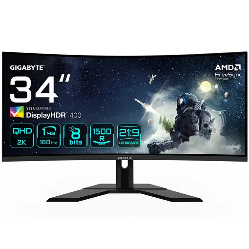 GIGABYTE G34WQCP Monitor Gaming Curvo UWQHD de 34" - 3440 x 1440, 1500R, 180Hz, 1m