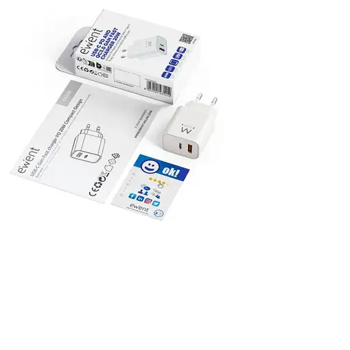 Ewent Cargador Rápido GaN de 20W USB-C PD y USB-A QC, Diseño Compacto