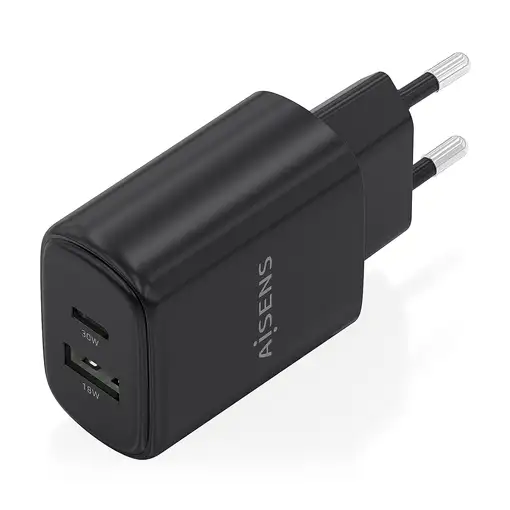 AISENS Cargador GaN 30W, 1xUSB-C PD3.0 QC4.0, 1xUSB-A QC3.0, Negro