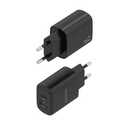 AISENS Cargador GaN 30W, 1xUSB-C PD3.0 QC4.0, 1xUSB-A QC3.0, Negro