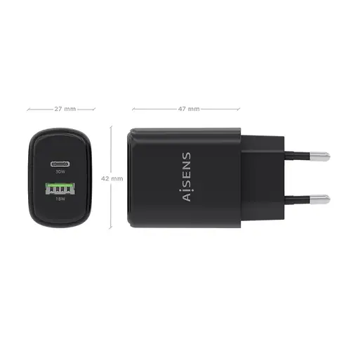 AISENS Cargador GaN 30W, 1xUSB-C PD3.0 QC4.0, 1xUSB-A QC3.0, Negro