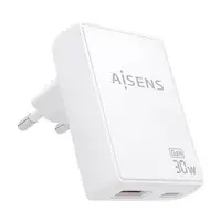 AISENS Cargador De Pared GaN Ultra Delgado 30W, 1xUSB-C PD3.0 QC4.0, 1xUSB-A QC3.0