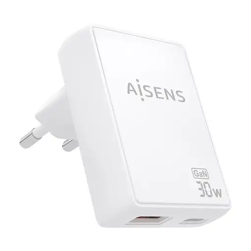 AISENS Cargador De Pared GaN Ultra Delgado 30W, 1xUSB-C PD3.0 QC4.0, 1xUSB-A QC3.0