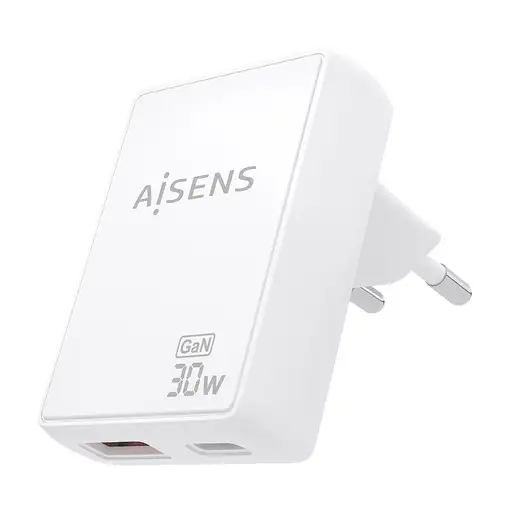 AISENS Cargador De Pared GaN Ultra Delgado 30W, 1xUSB-C PD3.0 QC4.0, 1xUSB-A QC3.0