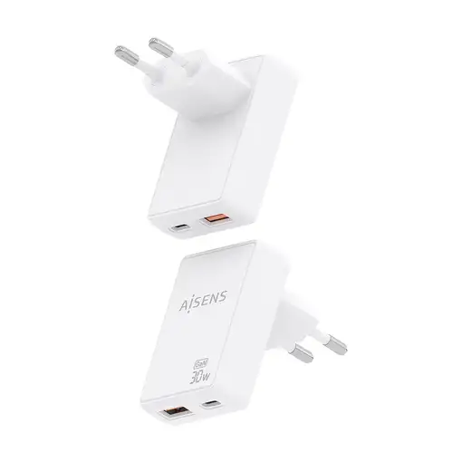 AISENS Cargador De Pared GaN Ultra Delgado 30W, 1xUSB-C PD3.0 QC4.0, 1xUSB-A QC3.0