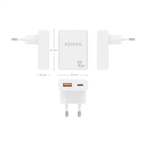 AISENS Cargador De Pared GaN Ultra Delgado 30W, 1xUSB-C PD3.0 QC4.0, 1xUSB-A QC3.0