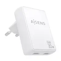 AISENS Cargador De Pared GaN Ultra Delgado 30W, 2xUSB-C PD3.0 QC4.0, Blanco