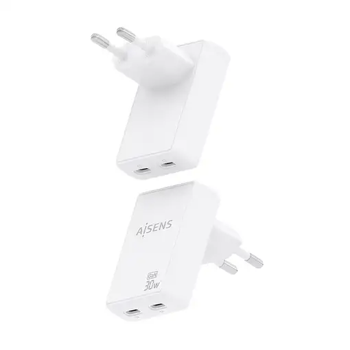AISENS Cargador De Pared GaN Ultra Delgado 30W, 2xUSB-C PD3.0 QC4.0, Blanco