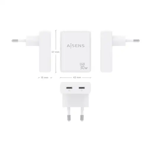 AISENS Cargador De Pared GaN Ultra Delgado 30W, 2xUSB-C PD3.0 QC4.0, Blanco