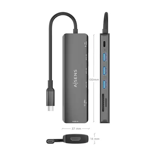 AISENS USB-C Dock 7 en 1, USB-C A, 1x HDMI, 3x USB-A, 1x USB-C PD 100W, 1x SD, 1x