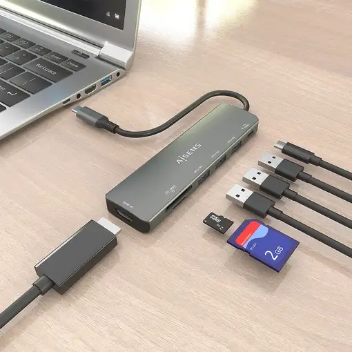 AISENS USB-C Dock 7 en 1, USB-C A, 1x HDMI, 3x USB-A, 1x USB-C PD 100W, 1x SD, 1x