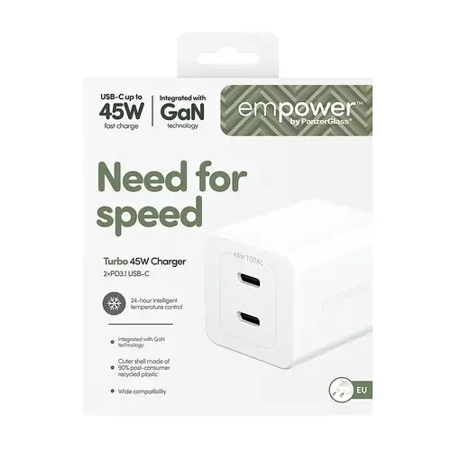 PanzerGlass empower™ by ® Turbo 45W Charger incl. 2 x USB-C | EU Plug | Silver Whi