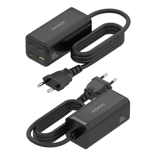 AISENS Cargador Sobremesa GaN 100W, 3x USB-C PD3.0 QC4.0 QC5.0, 1x USB-A QC3.0, Ne