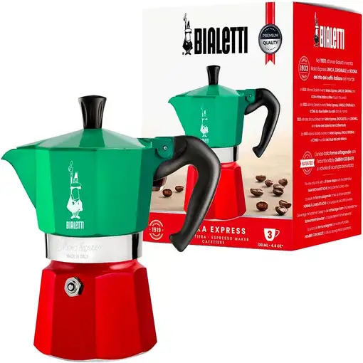 Cafetera Italiana roja y verde, aluminio, 3 tazas, Moka Express Tricolore BIALETTI