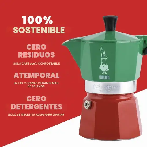 Cafetera Italiana roja y verde, aluminio, 3 tazas, Moka Express Tricolore BIALETTI