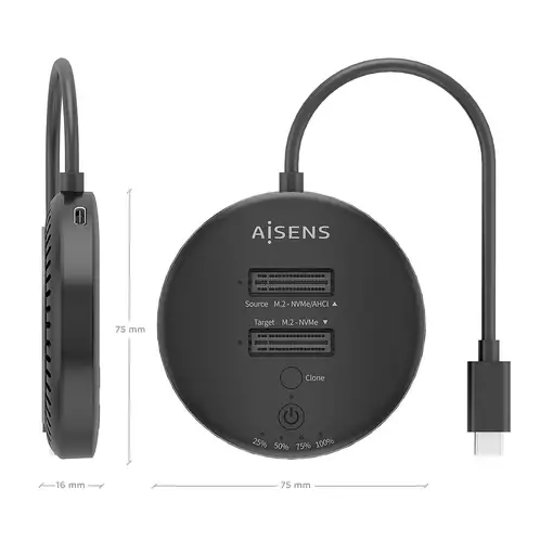 AISENS Estacion De Docking De Doble Bahia NVME a USB 3.2 Gen2x2, Clone, Negro