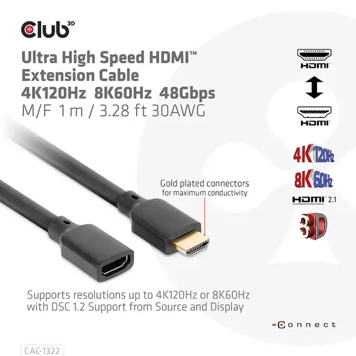 CLUB3D Cable de extensión HDMI™ de ultra alta velocidad 4K120Hz 8K60Hz 48Gbps M/F