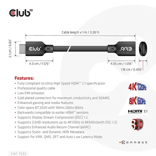 CLUB3D Cable de extensión HDMI™ de ultra alta velocidad 4K120Hz 8K60Hz 48Gbps M/F