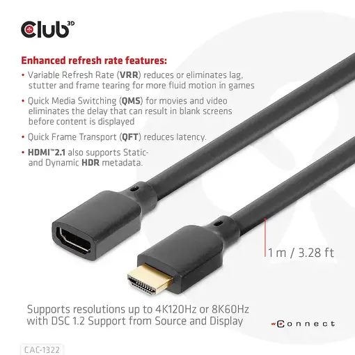 CLUB3D Cable de extensión HDMI™ de ultra alta velocidad 4K120Hz 8K60Hz 48Gbps M/F