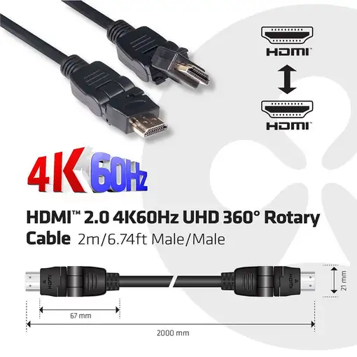 CLUB3D HDMI 2.0 4K60Hz UHD Cable giratorio de 360 grados 2metros