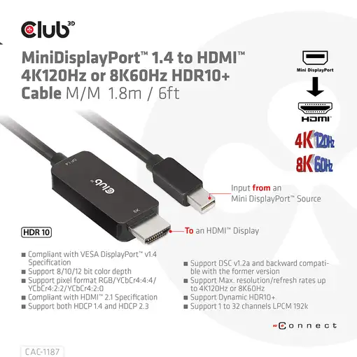 CLUB3D CAC-1187 adaptador de cable de vídeo 1,8 m Mini DisplayPort HDMI Negro