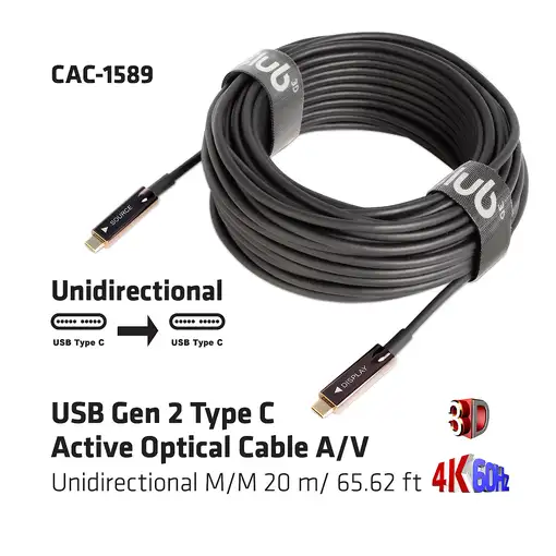 CLUB3D USB3.2 G2 TYPE-C ACT. OPT. A/V M/M 20M cable USB USB 3.2 Gen 2 (3.1 Gen 2)