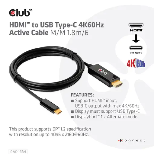 CLUB3D CAC-1334 adaptador de cable de vídeo 1,8 m HDMI tipo A (Estándar) USB Tipo