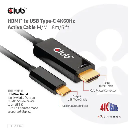 CLUB3D CAC-1334 adaptador de cable de vídeo 1,8 m HDMI tipo A (Estándar) USB Tipo