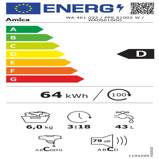 Lavadora carga frontal 6 kg 1000 RPM Blanco WA 461 022 AMICA