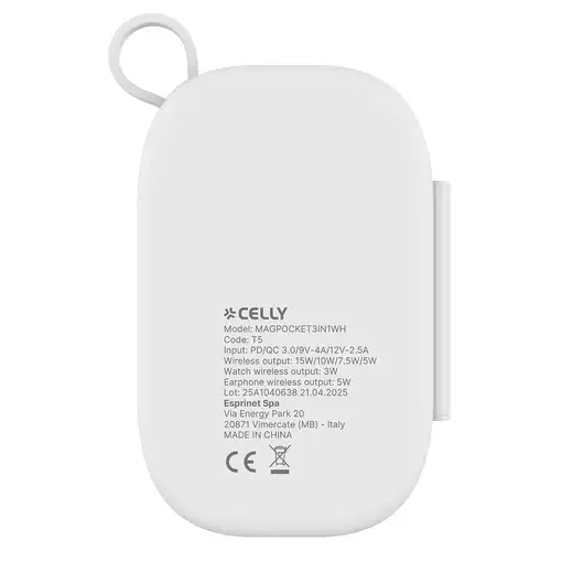Celly MAGPOCKET3IN1WH cargador de dispositivo móvil Auriculares, Smartphone, Reloj