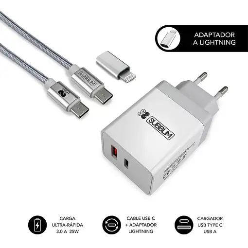 Cargador Pared Smart Charger Pd25W+Qc3.0+C To C/Lightning Cable  Blanco