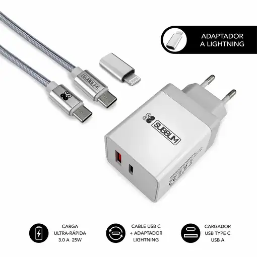 Cargador Pared Smart Charger Pd25W+Qc3.0+C To C/Lightning Cable  Blanco