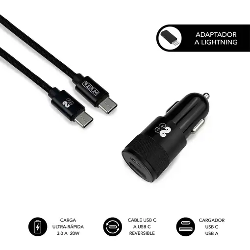Cargador De Coche Dual Pd20W + Qc3.0 + C To C/Lightning  Negro