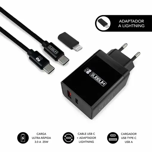 Cargador Pared Smart Charger Pd25W+Qc3.0+C To C/Lightning Cable  Negro