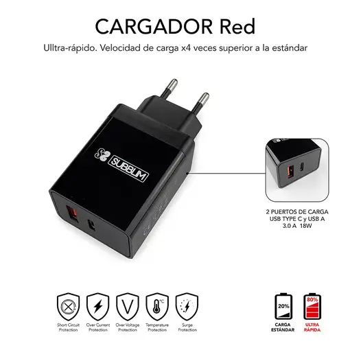 Cargador Pared Smart Charger Pd25W+Qc3.0+C To C/Lightning Cable  Negro