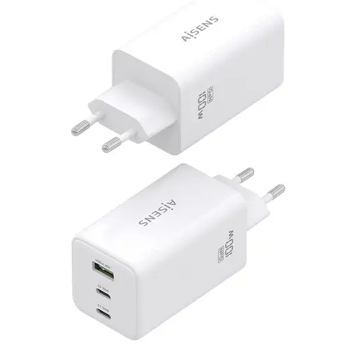 AISENS Cargador GaN 100W, 2x USB-C PD3.0 QC4.0 QC5.0, 1x USB-A QC3.0, Blanco