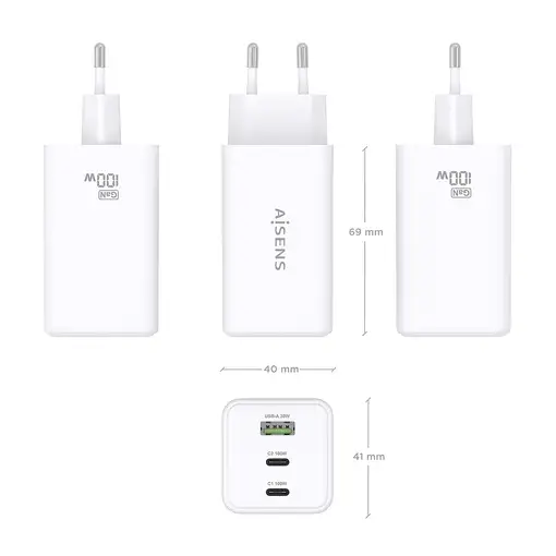 AISENS Cargador GaN 100W, 2x USB-C PD3.0 QC4.0 QC5.0, 1x USB-A QC3.0, Blanco