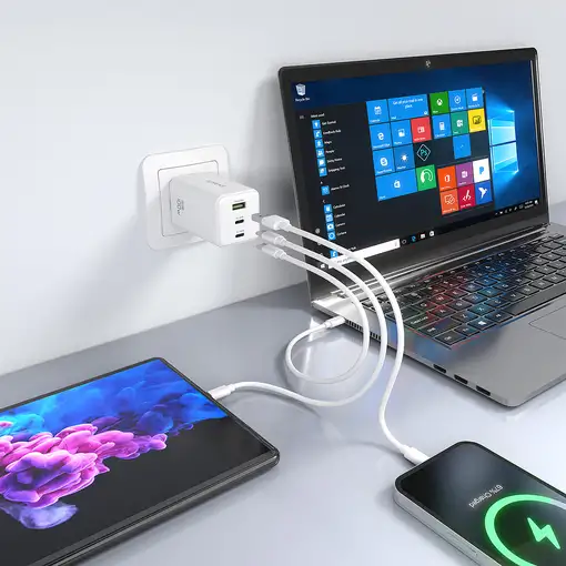 AISENS Cargador GaN 100W, 2x USB-C PD3.0 QC4.0 QC5.0, 1x USB-A QC3.0, Blanco